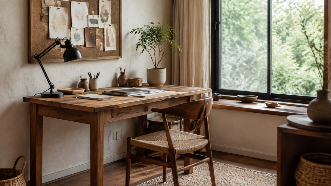 Bureau bohème apaisant en bois face à une fenêtre avec chaise tressée et lampe de travail
