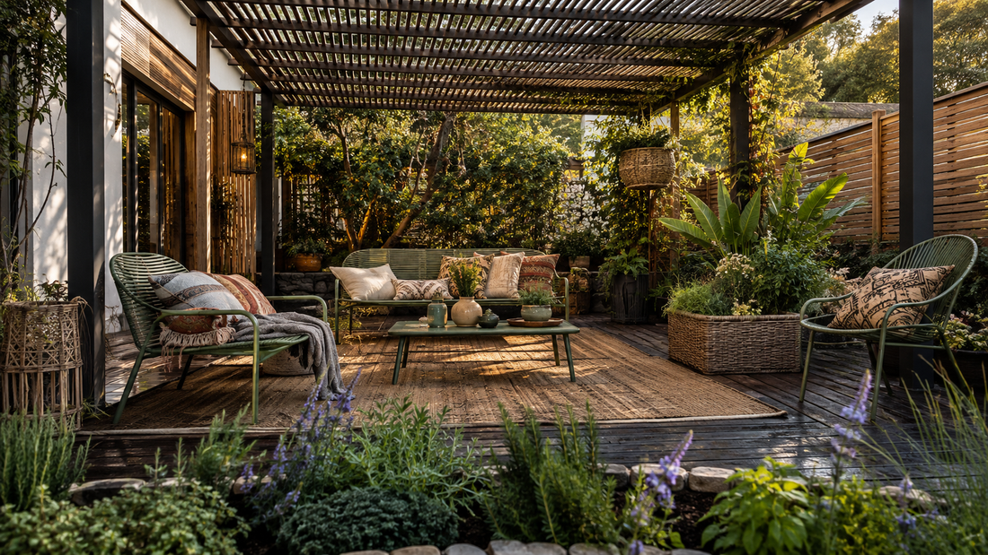 Terrasse bohème résistante avec pergola, mobilier extérieur, textiles adaptés et végétation luxuriante