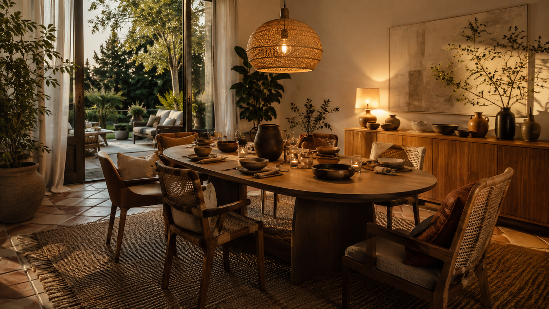 Salle à manger bohème conviviale avec grande table ovale, chaises variées et suspension tressée