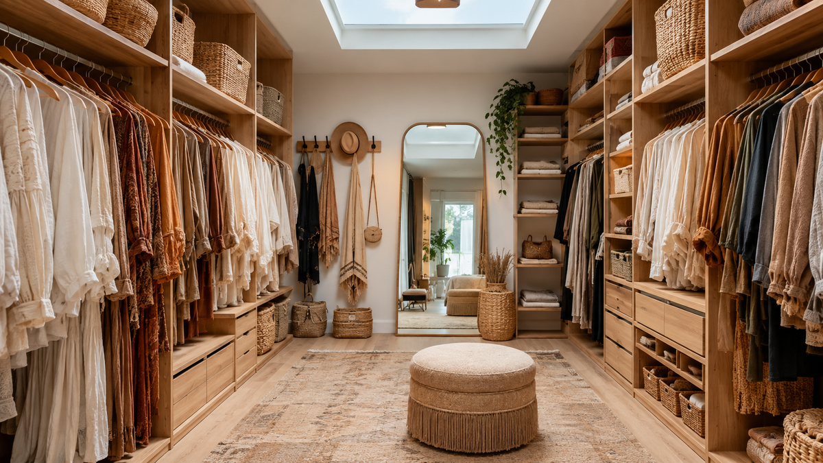 Dressing bohème organisé avec penderies en bois, paniers tressés, miroir et vêtements triés