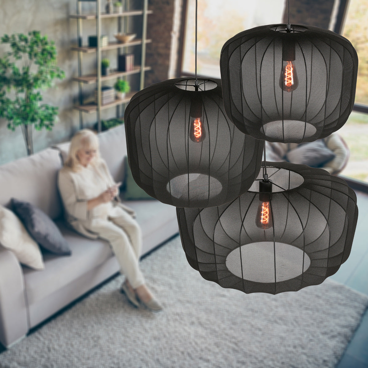 Suspension en lin noir avec ampoule visible – Ø55 cm