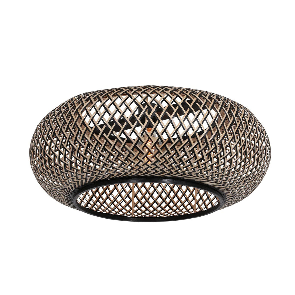 Lampe sur pied noire avec abat-jour en bambou tressé et bras arqué – H193 cm