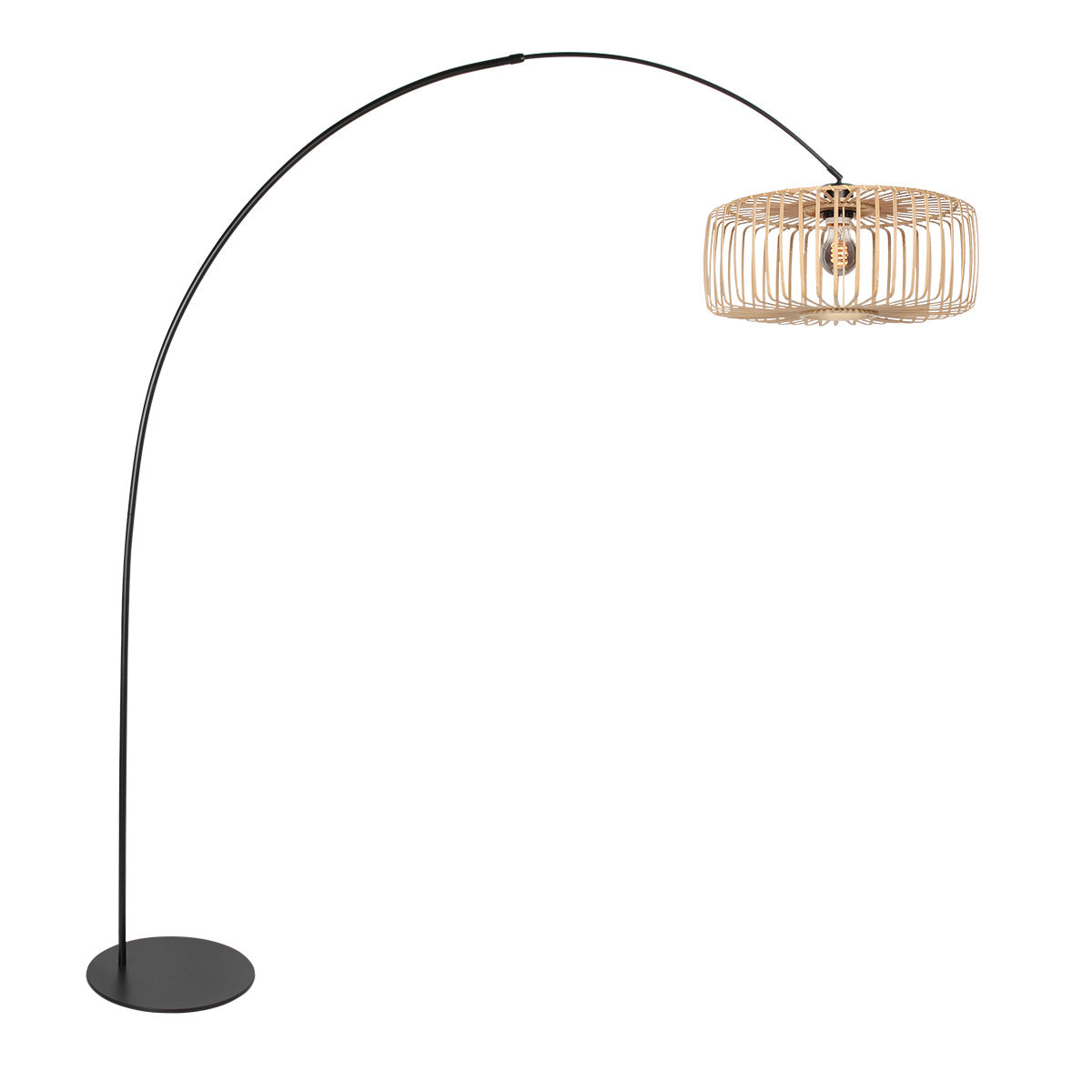 Lampadaire arqué en métal noir abat-jour rotin naturel – H193 cm