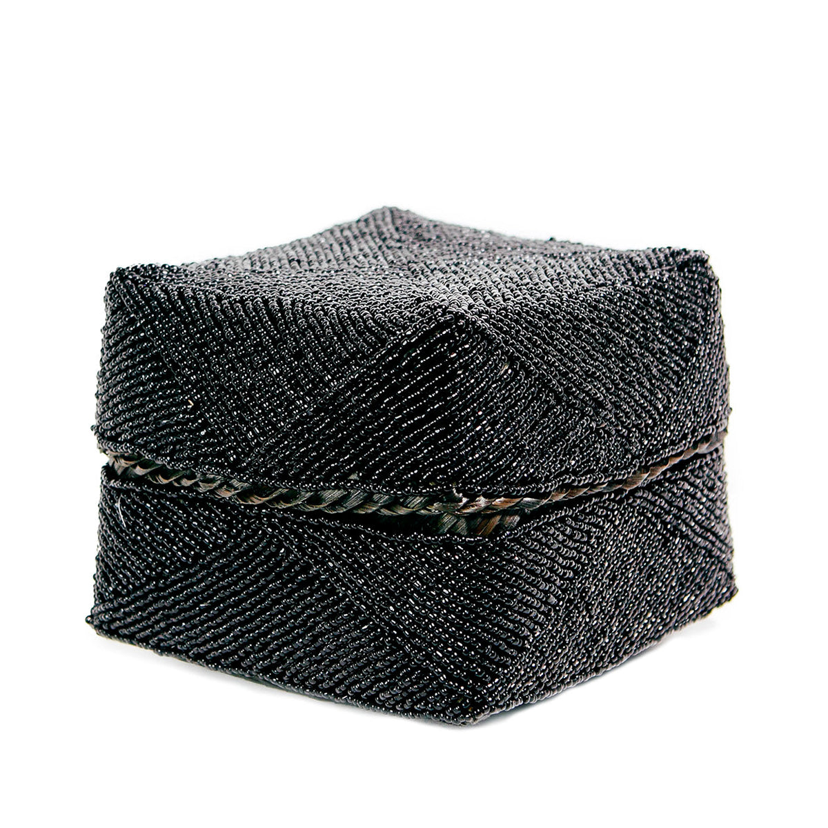 Boîte décorative perlée en bambou noir motif chevrons avec couvercle