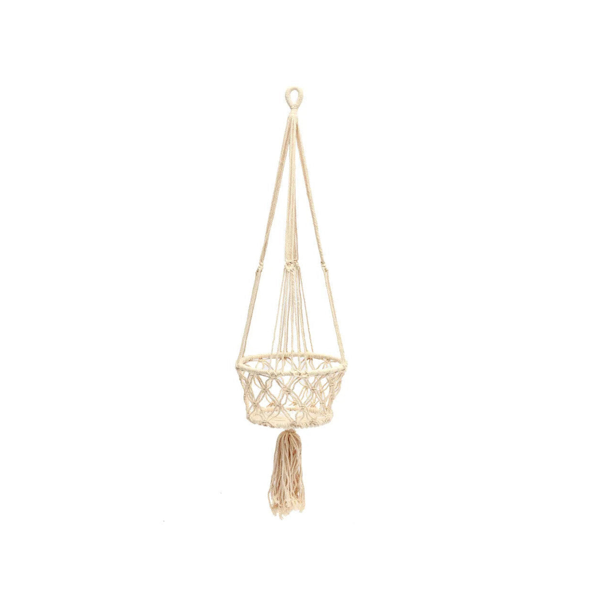 Suspension plante macramé coton blanc avec pompon décoratif – H100 cm