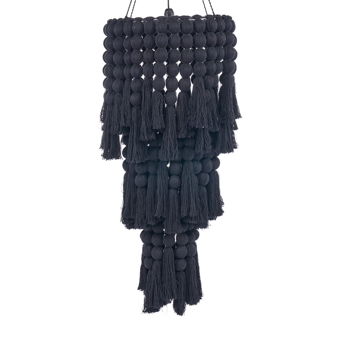 Suspension en coton noir à perles et pompons effet cascade – H160 cm