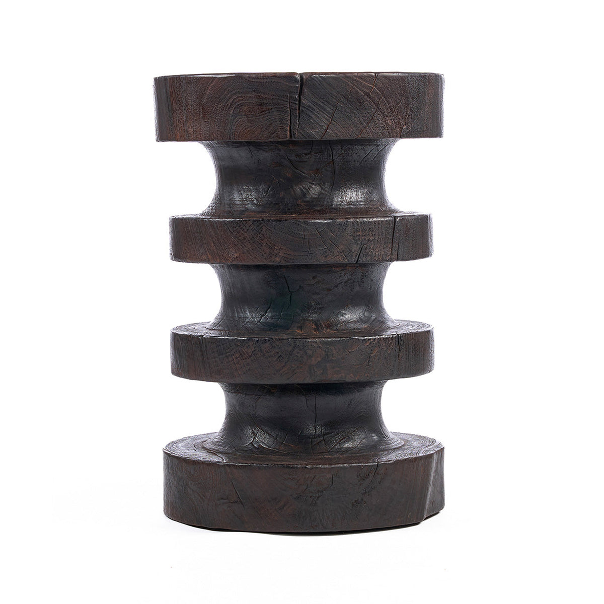 Table d'appoint en bois massif brun foncé, forme totem sculptée - H60 cm