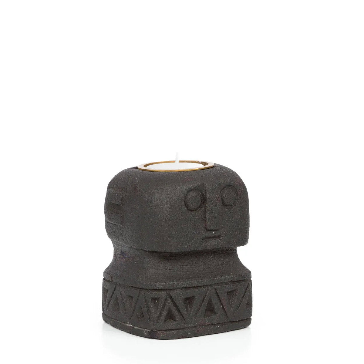 Porte-bougie totem en grès noir sculpté avec motifs géométriques