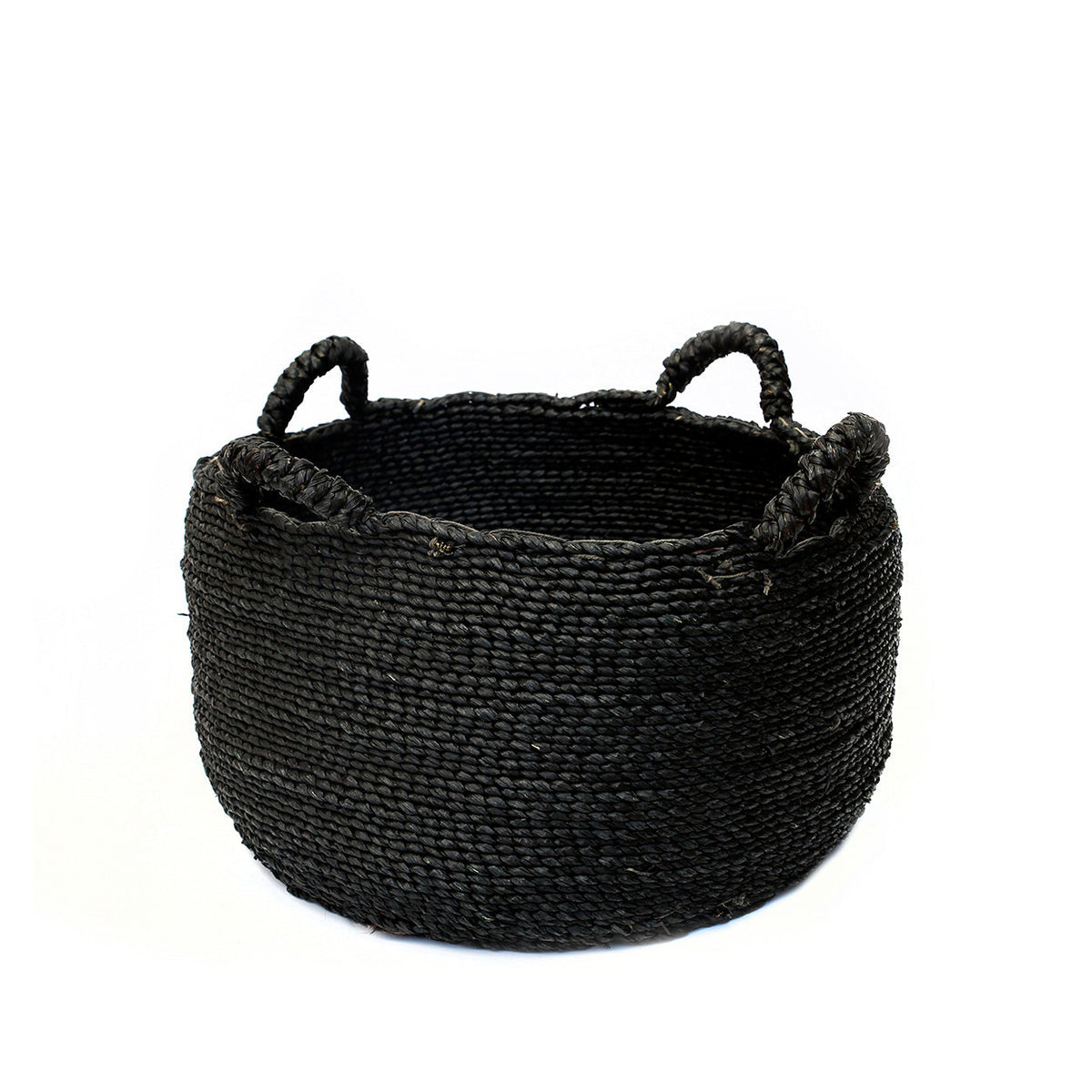 Panier rond en jonc de mer noir à anses souples – Ø52 cm