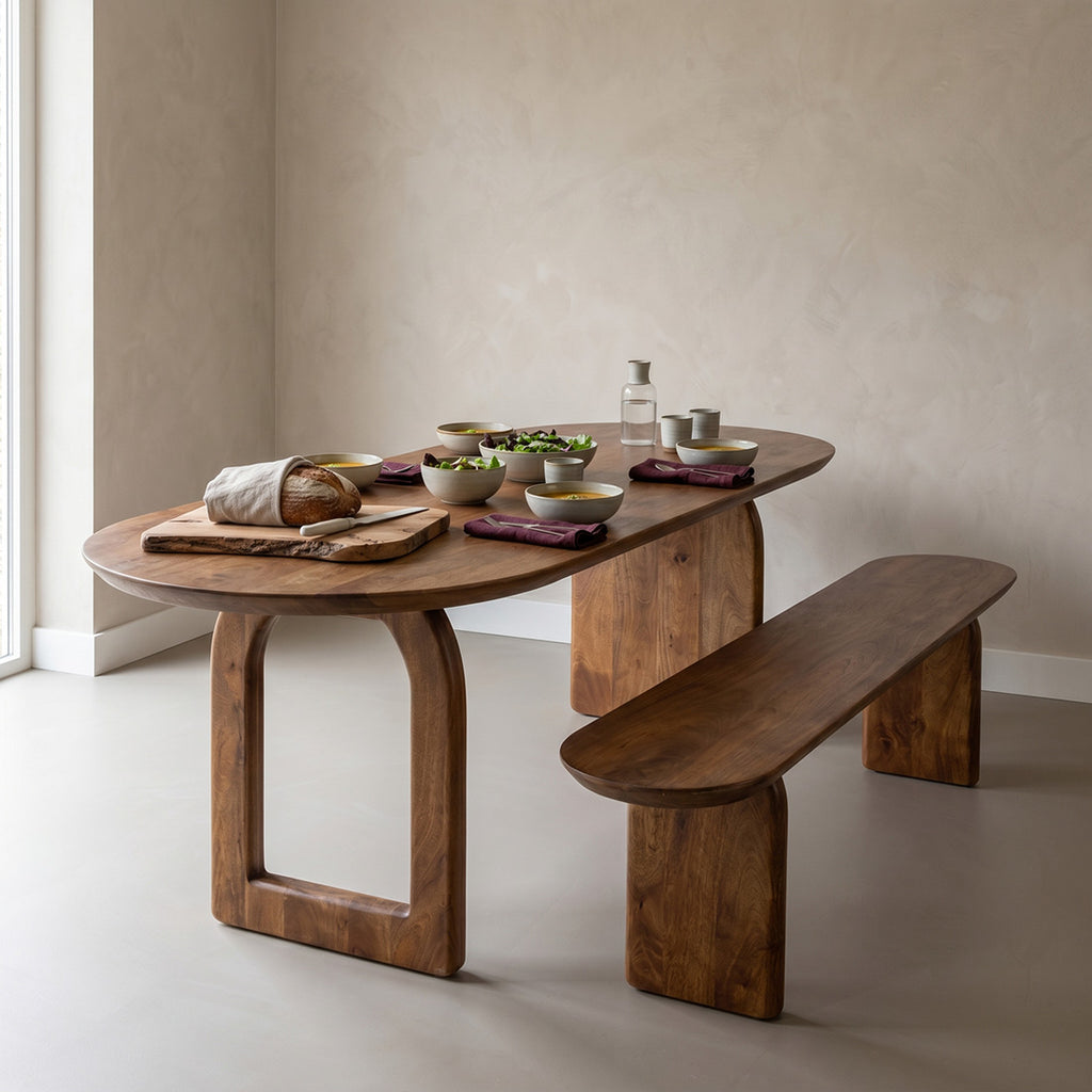 Sitzbank aus massivem Mangoholz in Braun, Kapselform – 200x35 cm