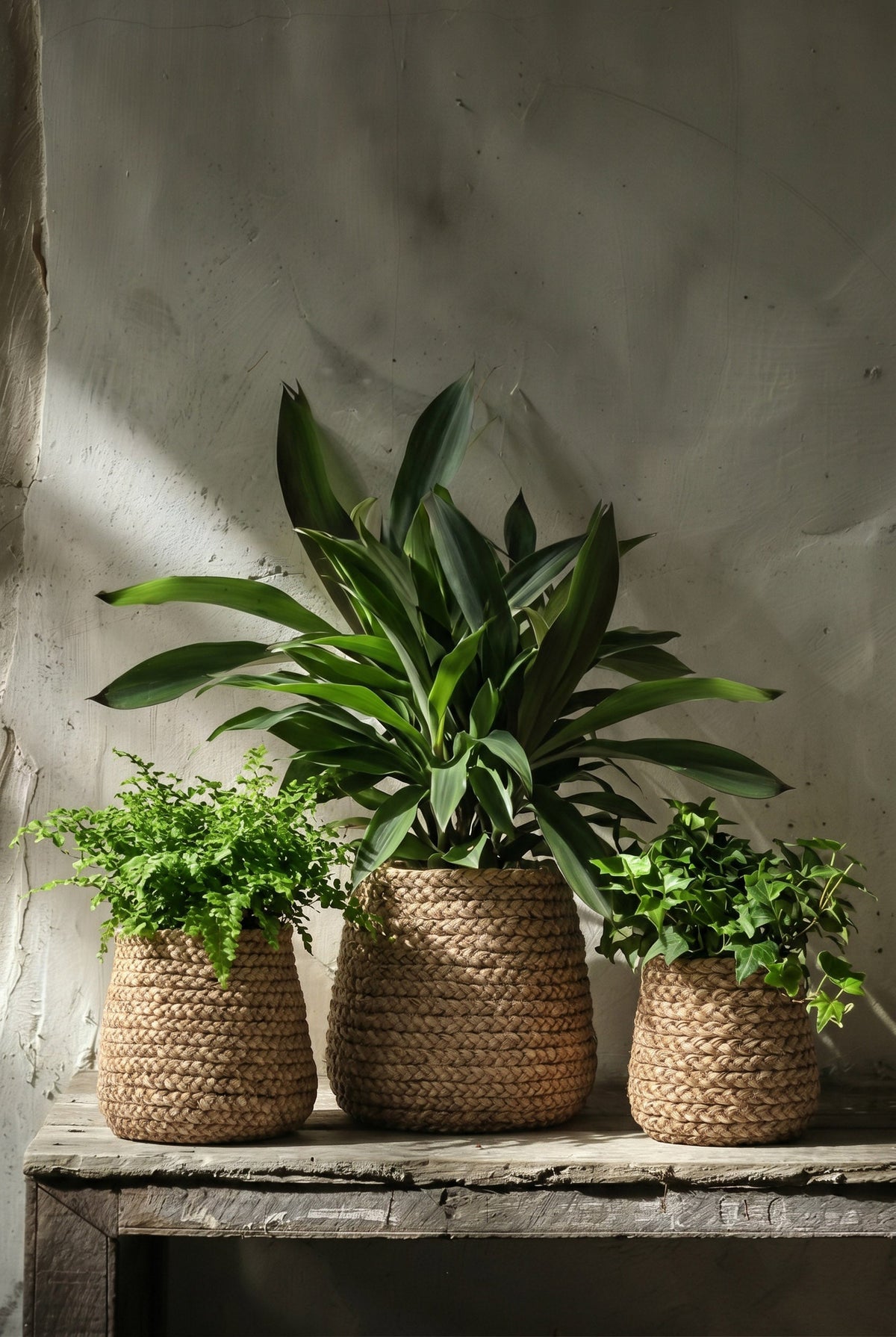 Cache-pot conique fibre naturelle tressée pour plantes petites