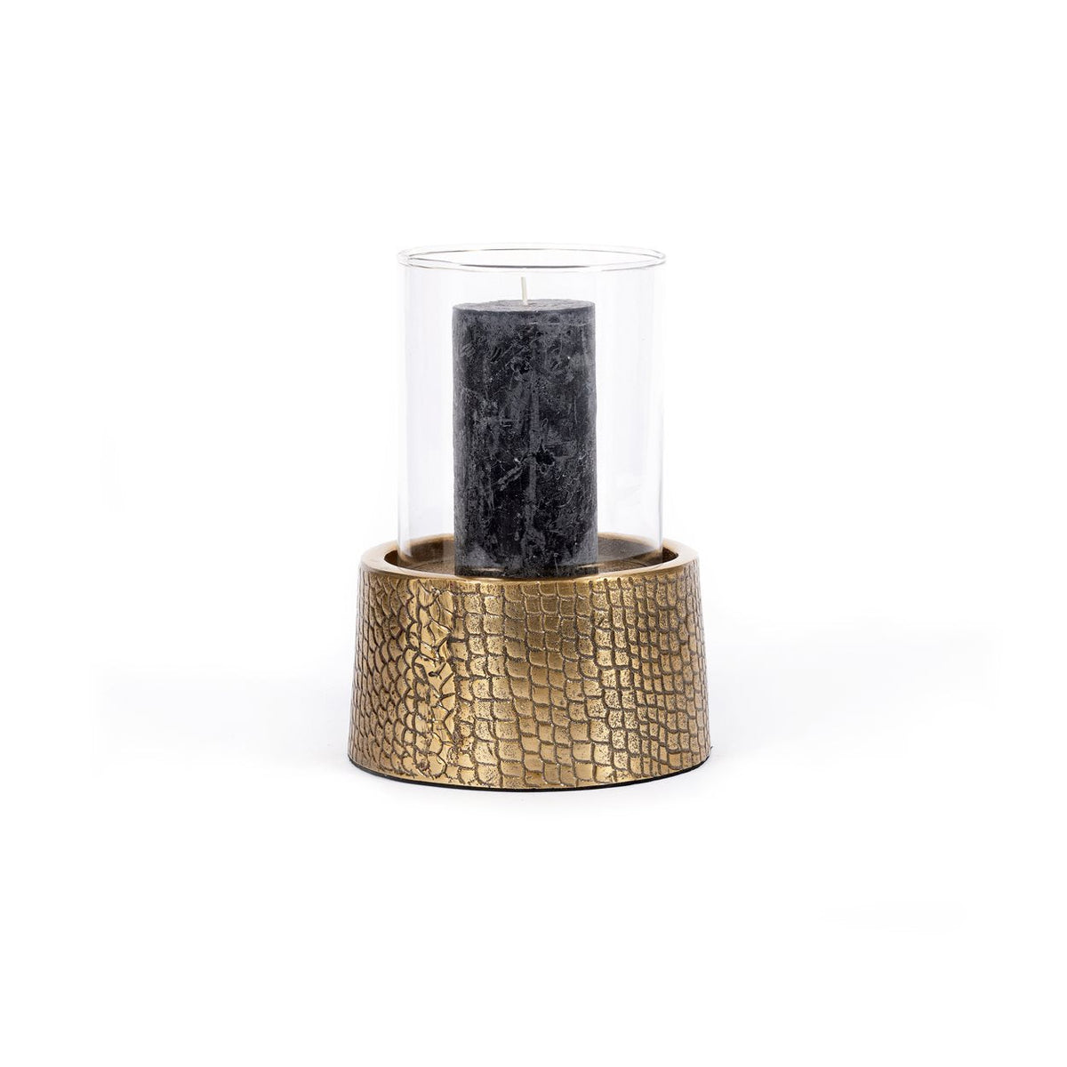 Photophore en laiton doré motif croco avec verre cylindrique – H24 cm