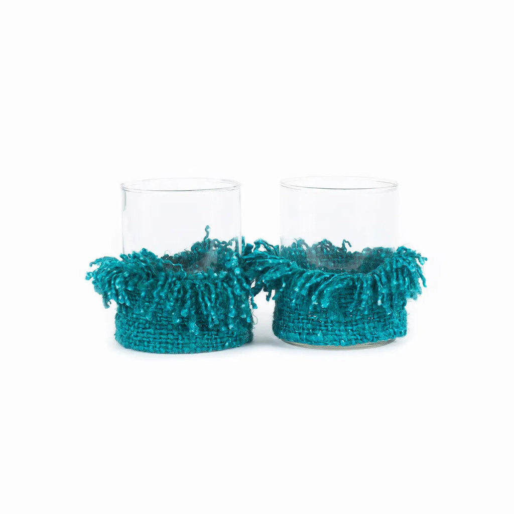 Photophore en verre turquoise à franges textile