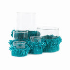 Porte-bougie en verre turquoise avec franges coton XXL