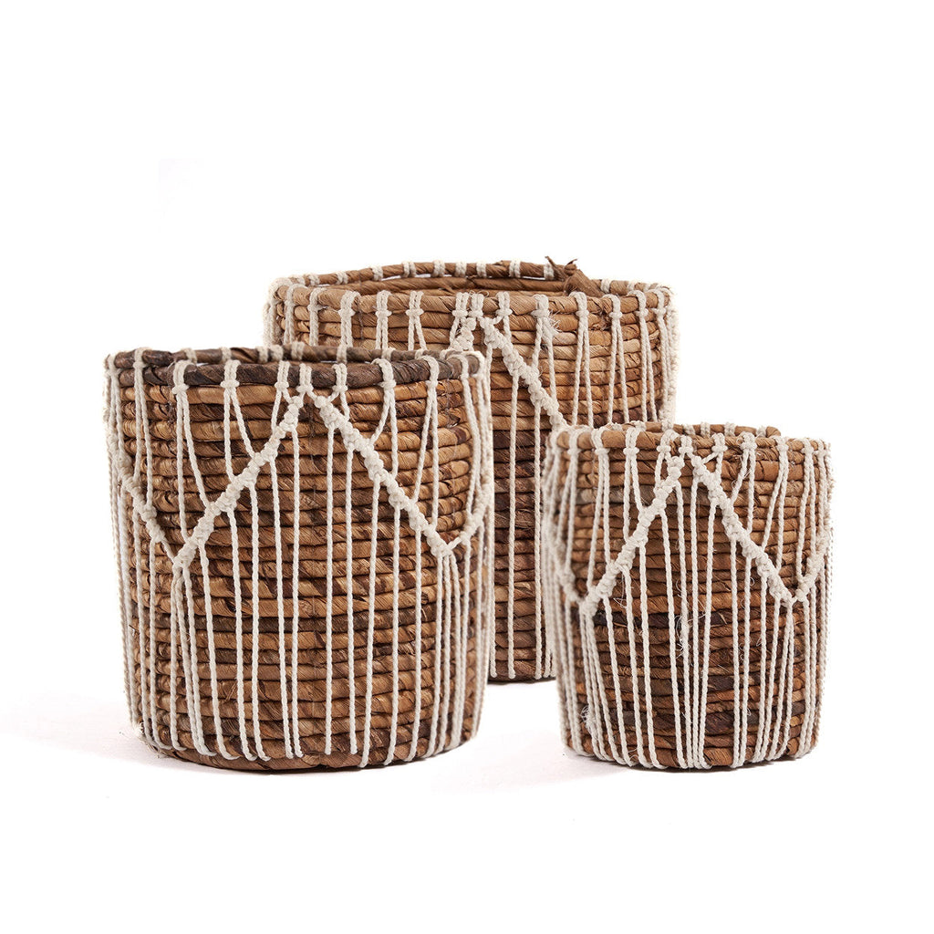 Panier en coton & feuilles de bananier avec macramé blanc naturel