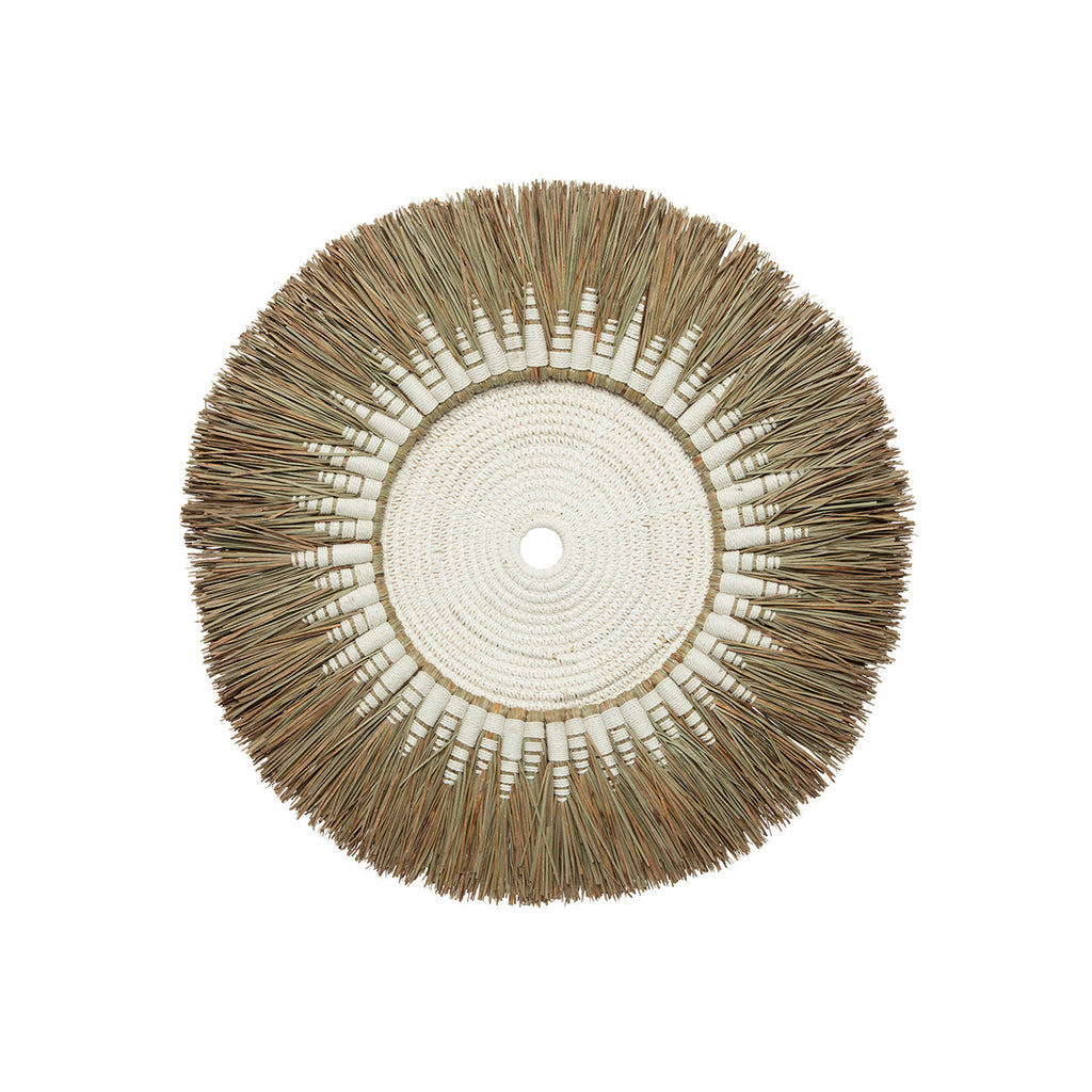 Runde Boho Wanddeko aus Raffia und Makramee Baumwolle Weiß