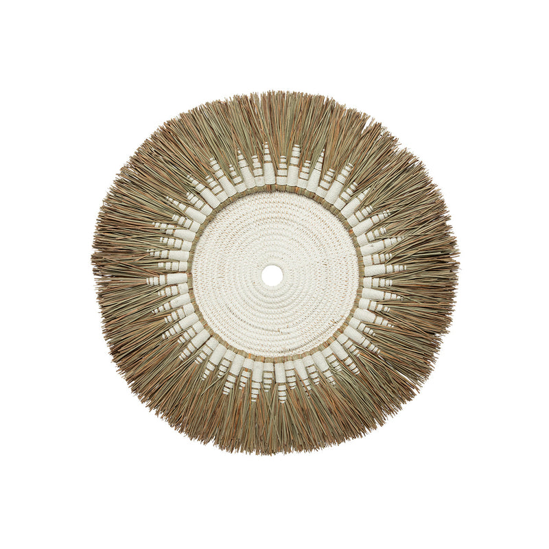 Runde Boho Wanddeko aus Raffia und Makramee Baumwolle Weiß
