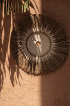 Runde Boho Wanddeko aus Raffia und Makramee Baumwolle Weiß