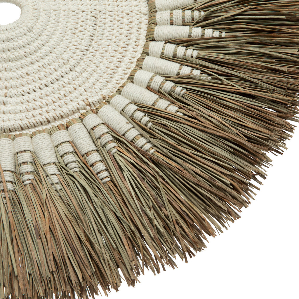 Runde Boho Wanddeko aus Raffia und Makramee Baumwolle Weiß