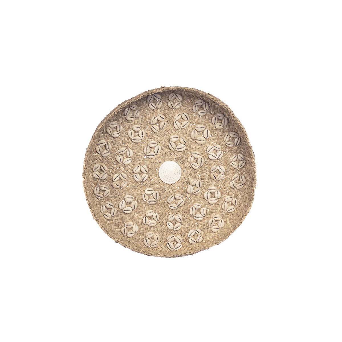 Plaque murale ronde en coquillages naturels et paille tressée blanche