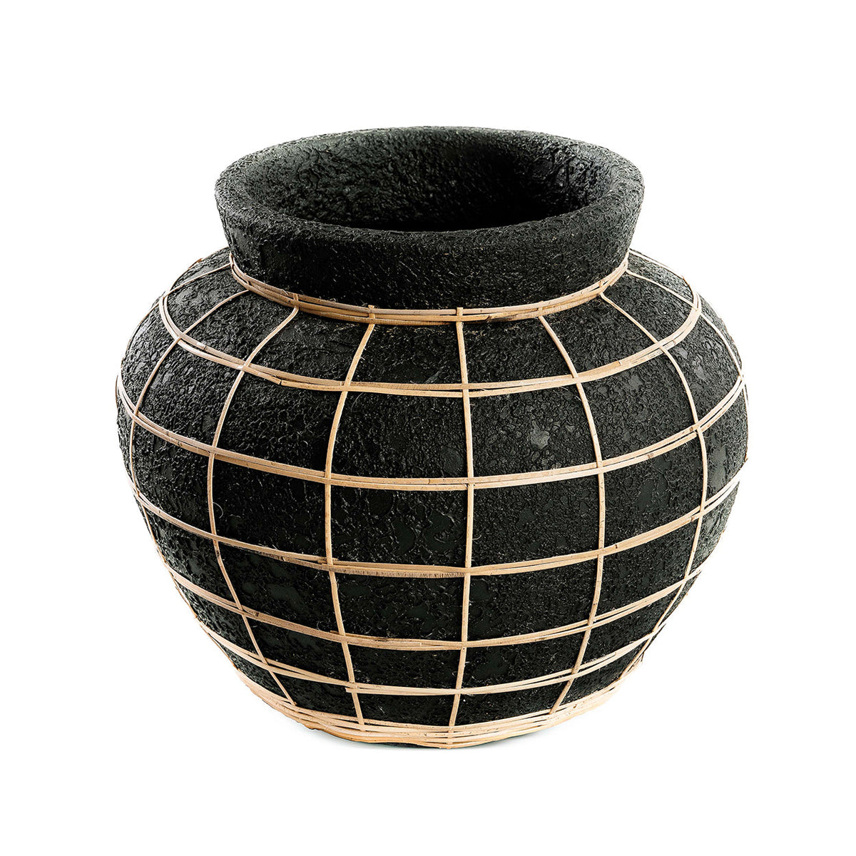 Vase rond en terre cuite et rotin noir naturel 33 cm