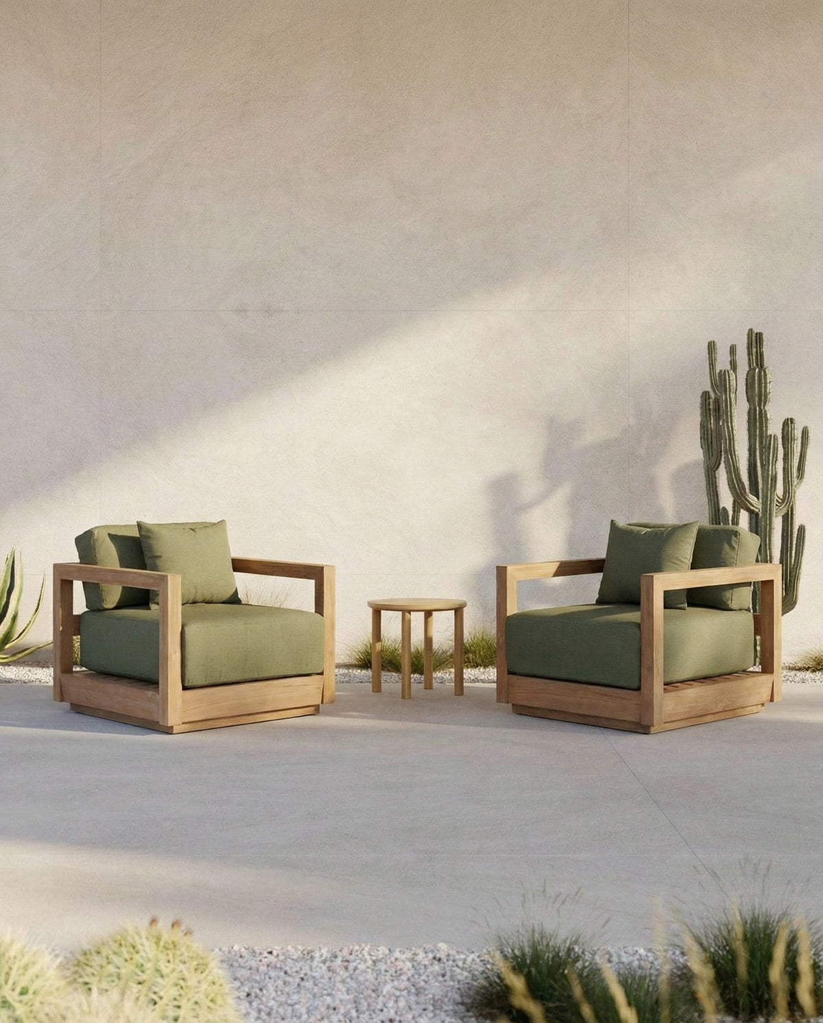 Fauteuil d'extérieur teck bois clair vert olive - 70x70 cm