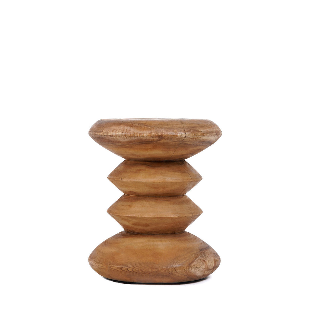 Tabouret en bois de teck massif forme sablier naturel – H45 cm