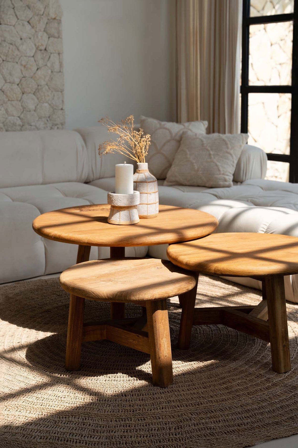 Table basse ronde en bois de teck recyclé naturel – Ø80 cm