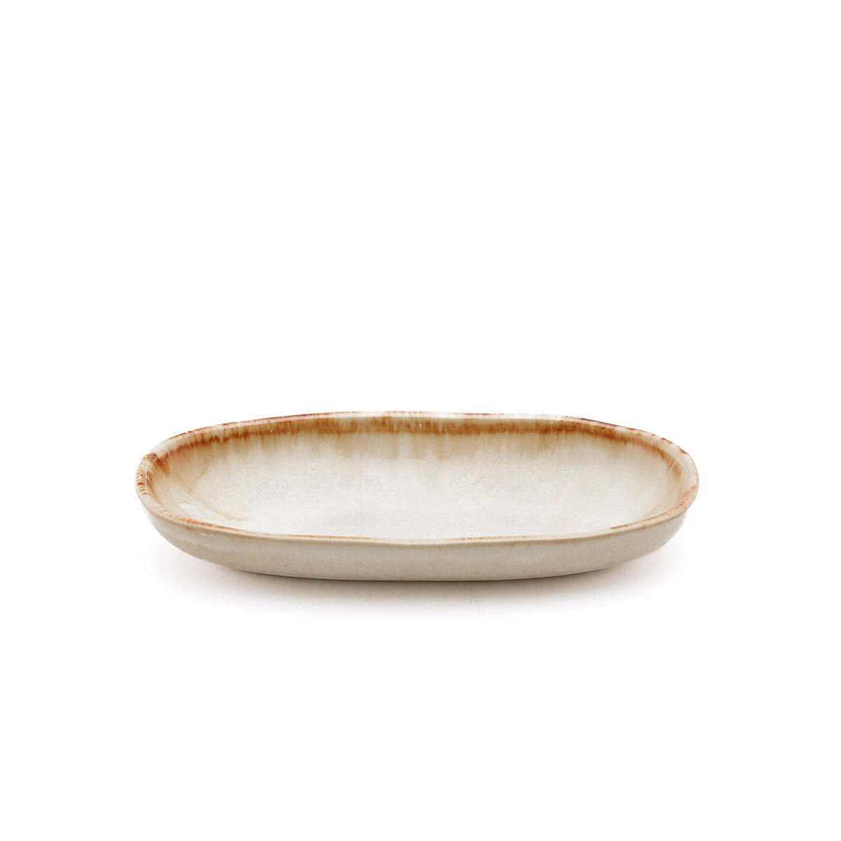 Assiette ovale en grès émaillé crème bord brun artisanale