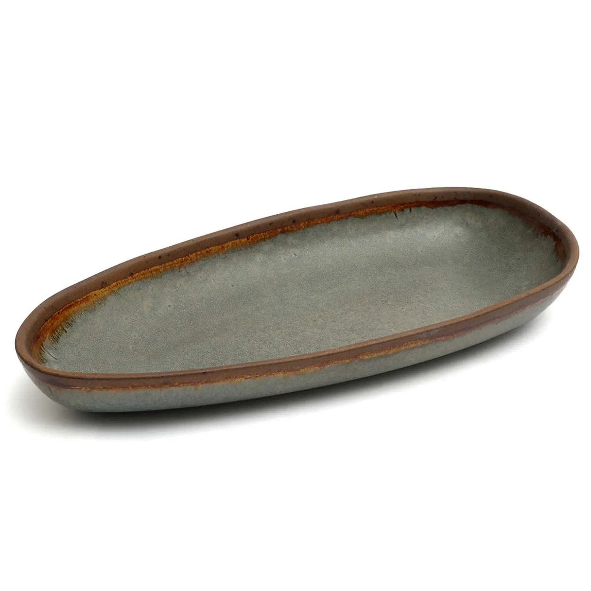 Plateau de service ovale en grès émaillé gris brun fait main – 34x16 cm