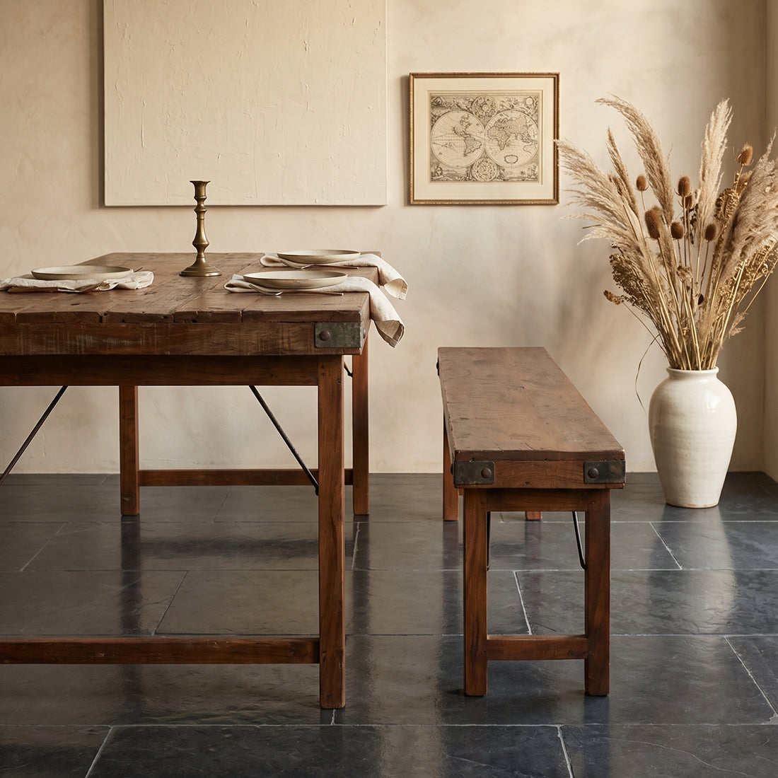 Table à manger en bois recyclé brun et métal vintage – 165x75 cm