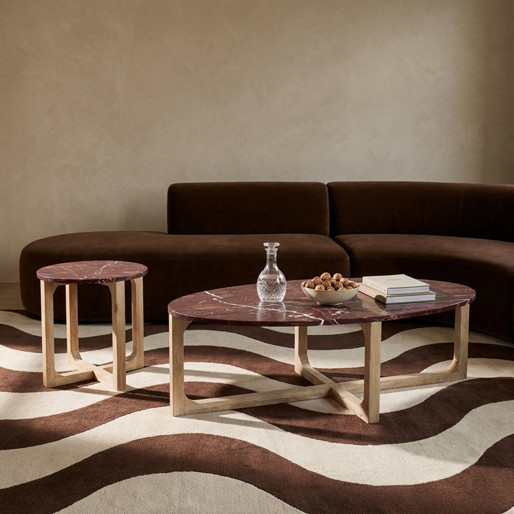 Table d'appoint marbre rouge veiné blanc piètement bois clair – Ø50 cm
