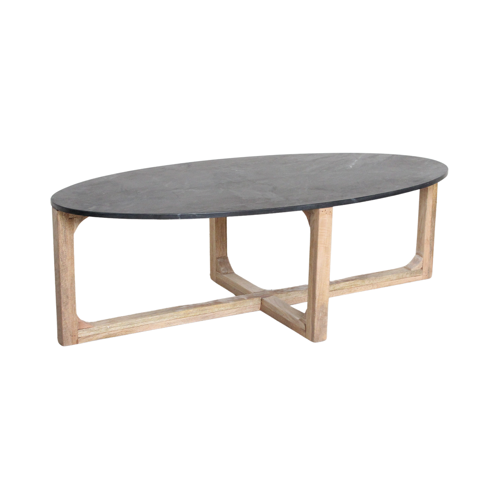 Ovaler Couchtisch aus schwarzem Marmor und hellem Holz mit Kreuzgestell – 120x60 cm
