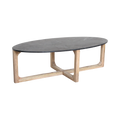 Ovaler Couchtisch aus schwarzem Marmor und hellem Holz mit Kreuzgestell – 120x60 cm