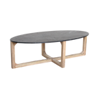Ovaler Couchtisch aus schwarzem Marmor und hellem Holz mit Kreuzgestell – 120x60 cm