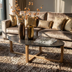 Ovaler Couchtisch aus schwarzem Marmor und hellem Holz mit Kreuzgestell – 120x60 cm