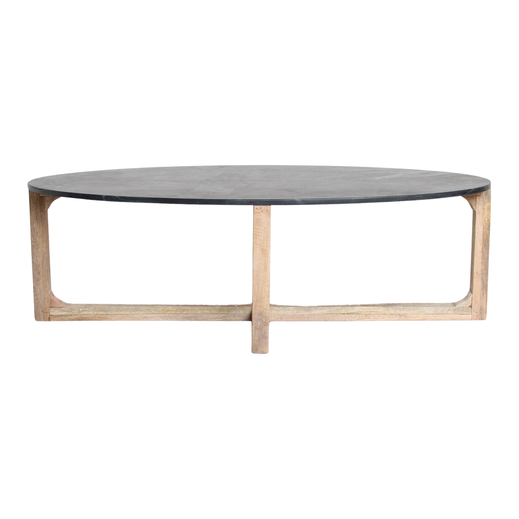 Ovaler Couchtisch aus schwarzem Marmor und hellem Holz mit Kreuzgestell – 120x60 cm