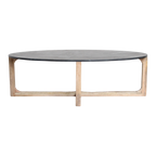 Ovaler Couchtisch aus schwarzem Marmor und hellem Holz mit Kreuzgestell – 120x60 cm
