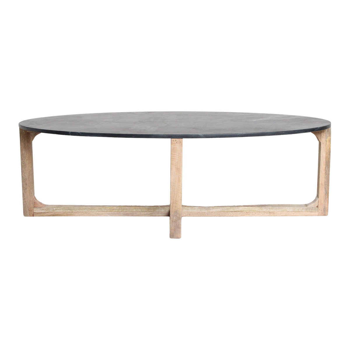 Ovaler Couchtisch aus schwarzem Marmor und hellem Holz mit Kreuzgestell – 120x60 cm
