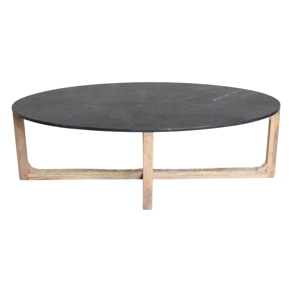 Ovaler Couchtisch aus schwarzem Marmor und hellem Holz mit Kreuzgestell – 120x60 cm