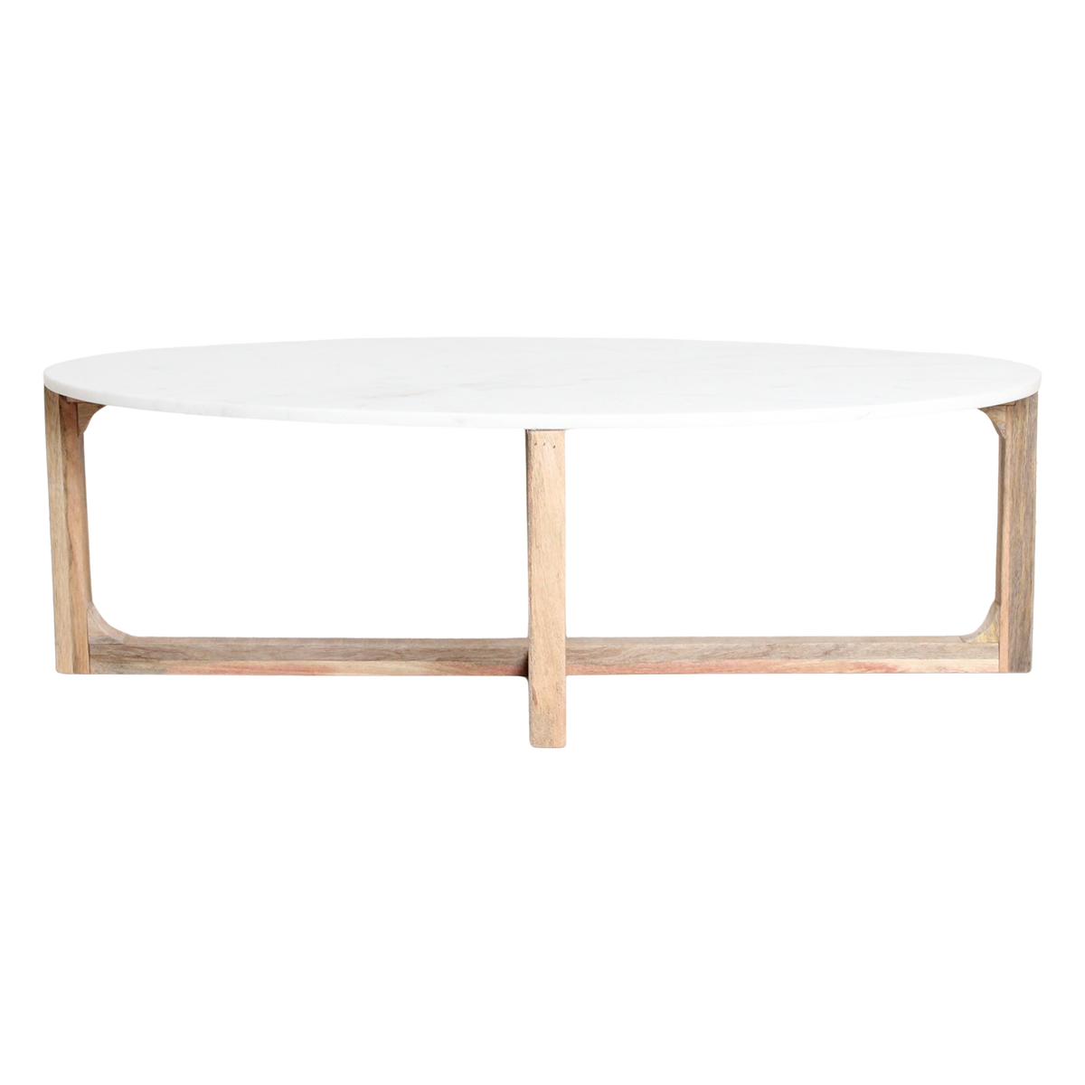 Table basse ovale en marbre blanc et bois de manguier – 120x60 cm