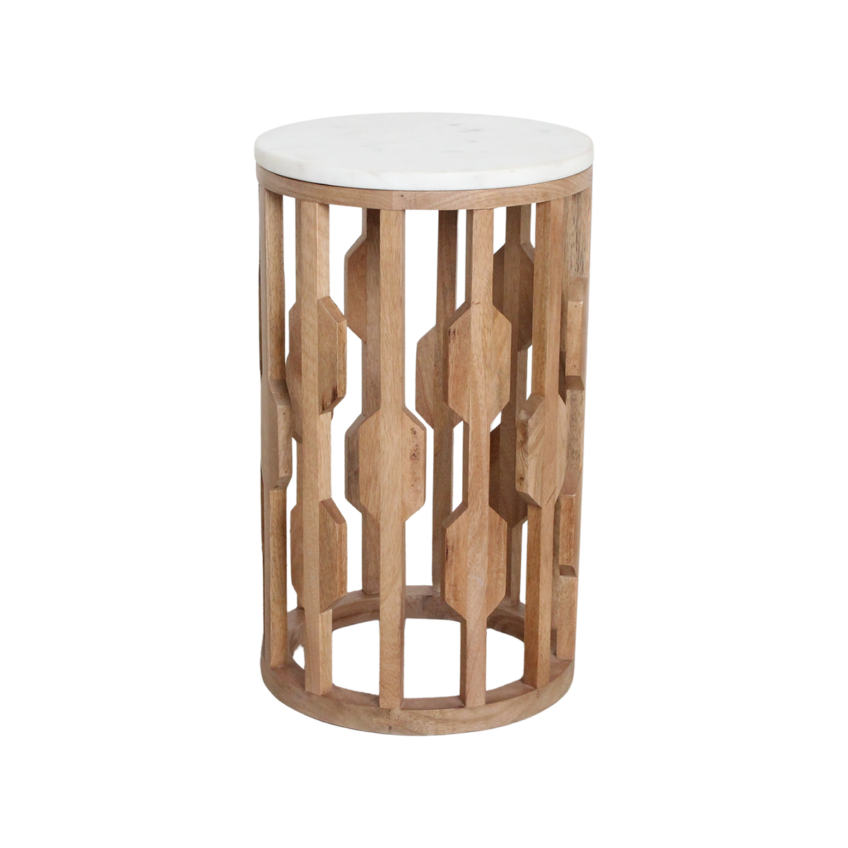 Table d’appoint marbre blanc et bois sculpté ajouré – Ø40 cm