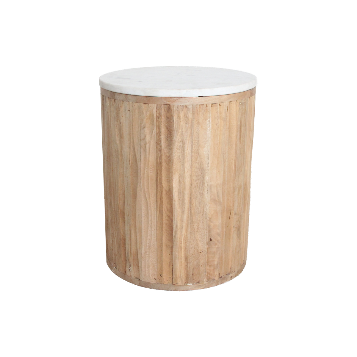 Table d’appoint ronde marbre blanc et bois clair cannelé – Ø40 cm