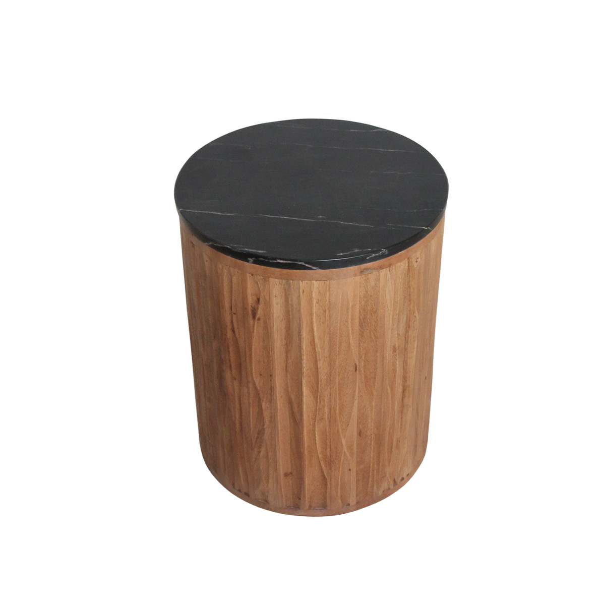 Table d’appoint ronde en bois cannelé et marbre noir – Ø40 cm