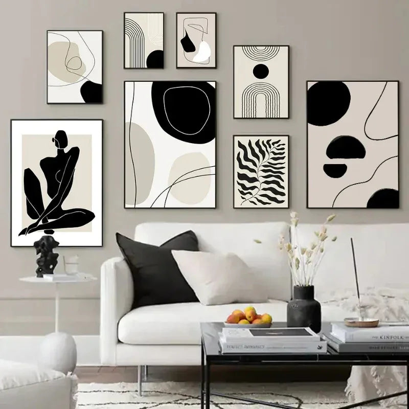 Œuvre d’art murale abstraite noir et blanc sur toile beige pour mur de galerie