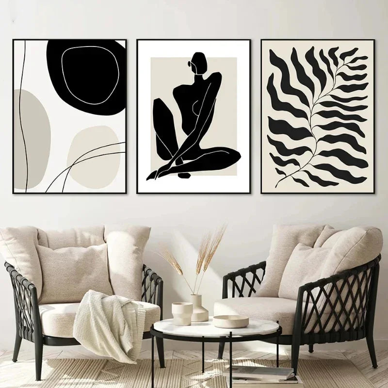 Trois affiches murales abstraites avec motif de feuilles noires en cadre