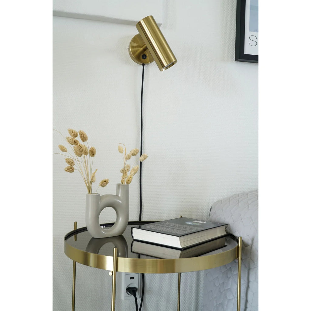 Applique murale en laiton doré cylindrique H22 cm avec cordon tissu et interrupteur