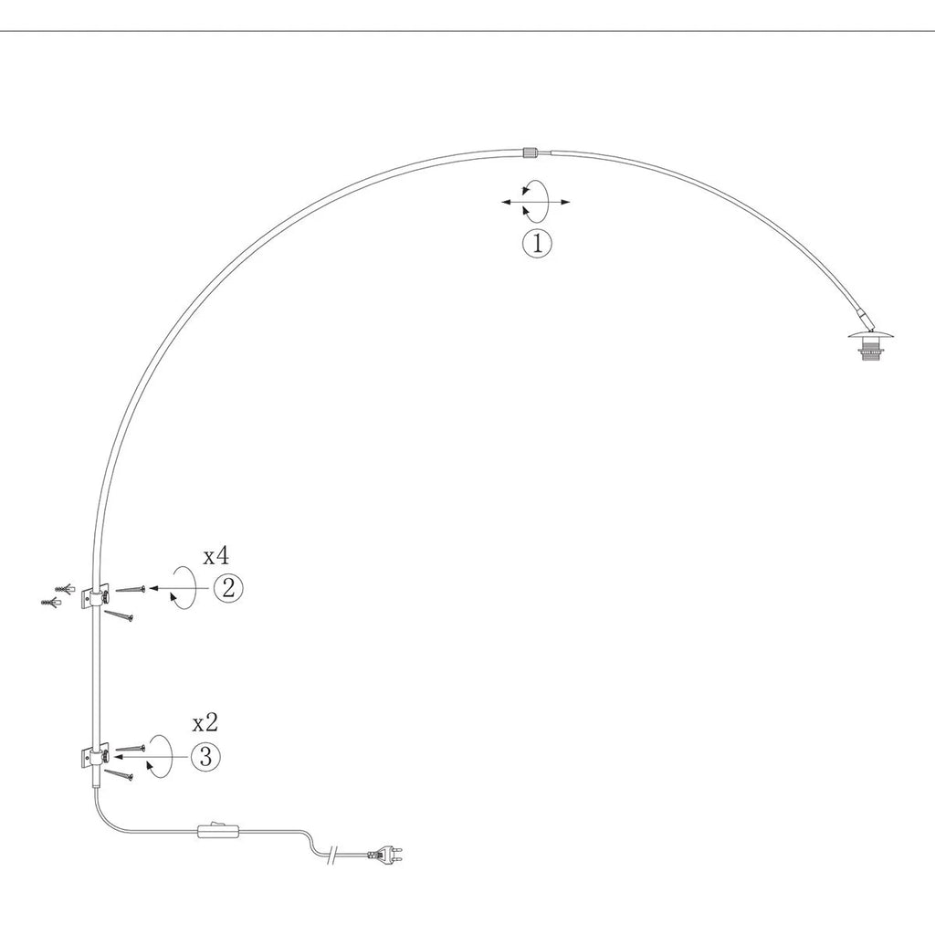 Diagramme d’assemblage d’une lampe de sol arquée en métal noir avec abat-jour en verre fumé