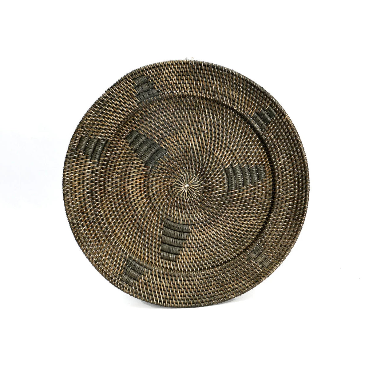 Plateau de service rond en rotin brun tressé avec motif en spirale et segments