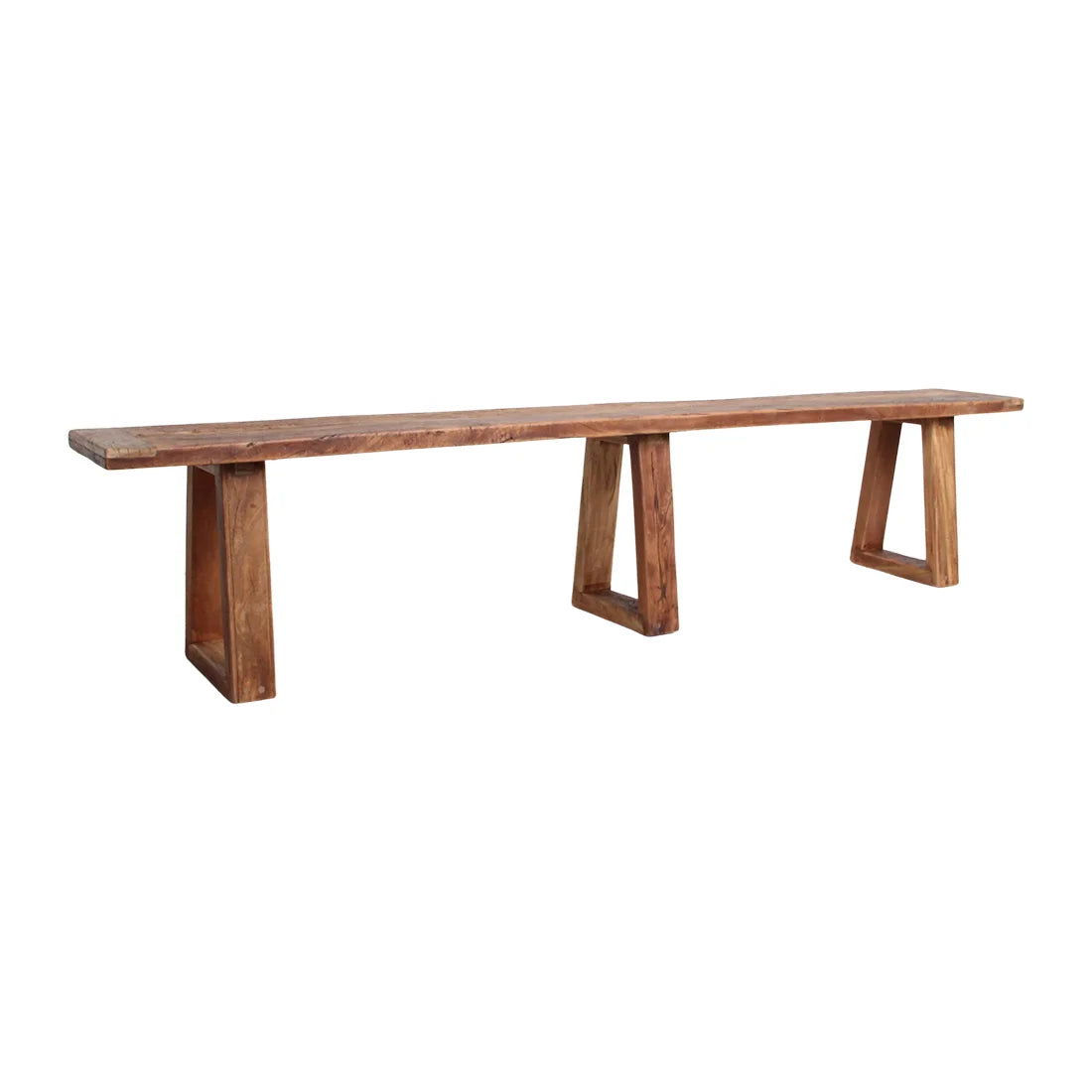 Banc en bois massif brun à piètements trapézoïdaux, 220x30 cm